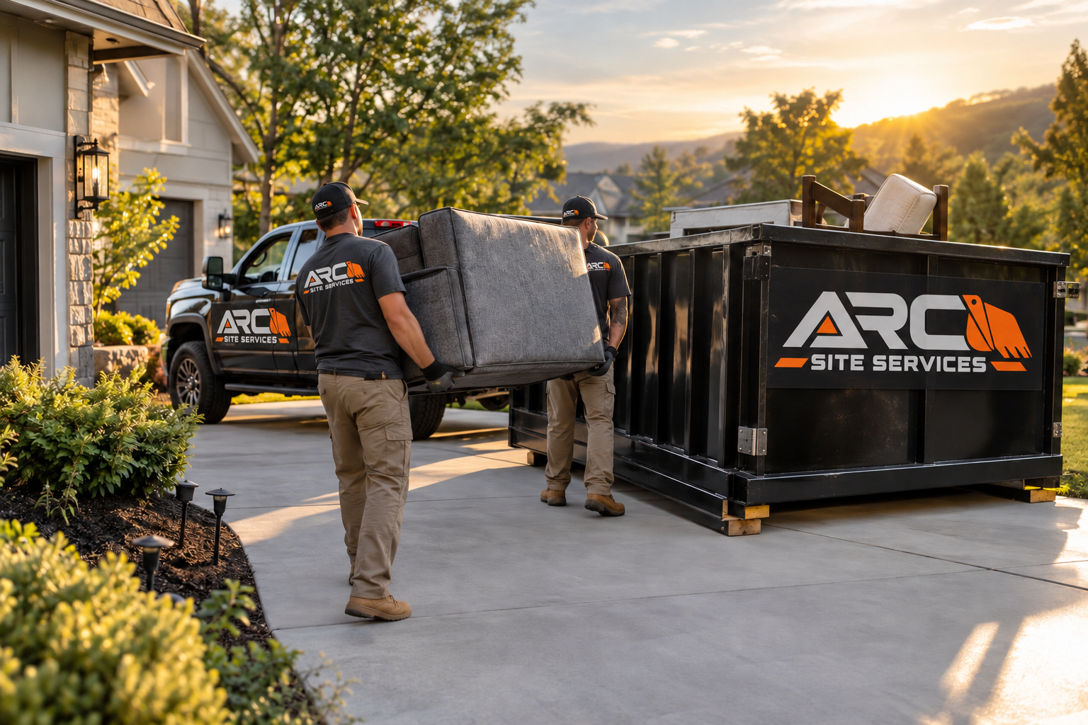 ARC Site Services crew loading household items with branded truck and dumpster